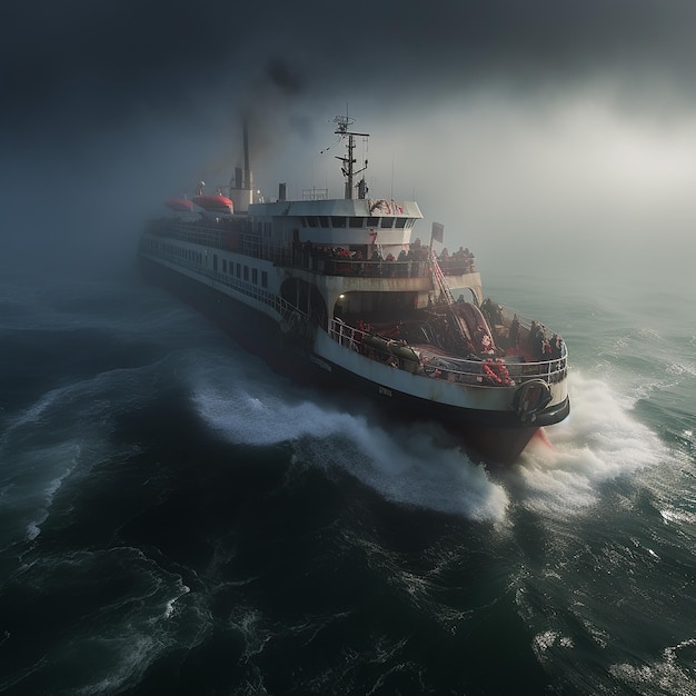 A ship pushing forward against the sea full of thick fog