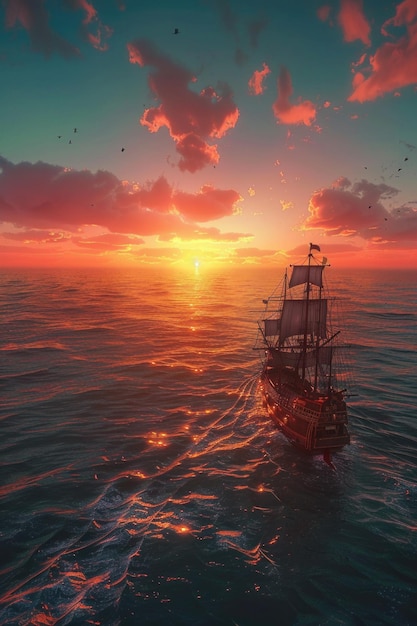 Ship Sailing Ocean Sunset