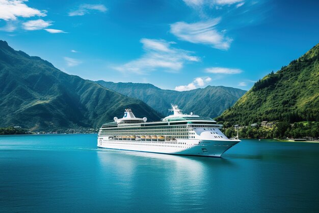 ship sailing on tranquil waters Show the ship's elegant profile against the backdrop of a serene sea and a clear skyGenerated with AI