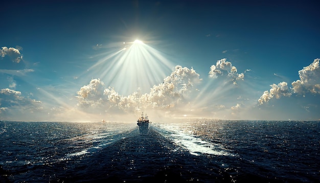 Ship sailing waves 3d render Raster illustration