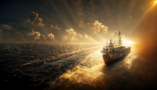 Ship sailing waves 3d render Raster illustration