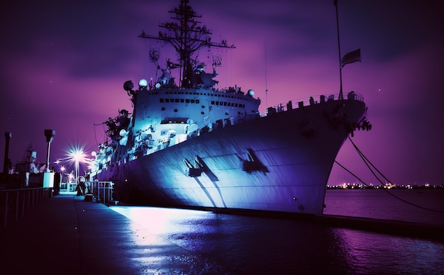 Ship at sea against the backdrop of the sunset sky