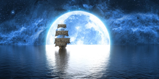 Ship at sea against the background of the moon and the beautiful sky, 3d illustration