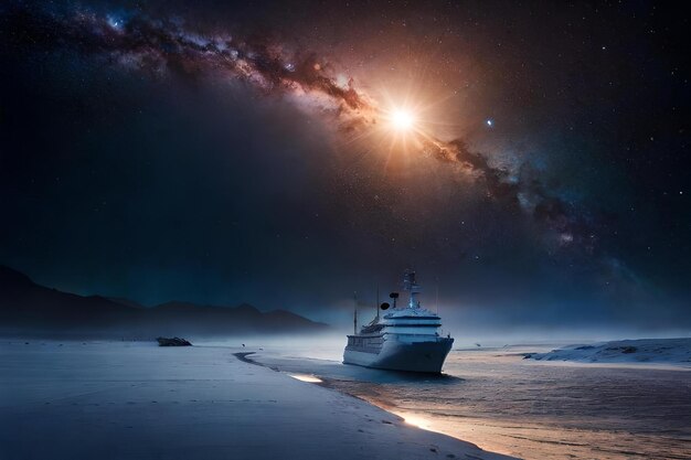 A ship in the sea at night