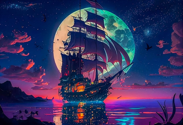 A ship in the sea with the moon in the background