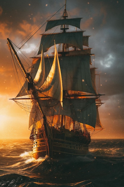 A ship in the sea with the sun setting behind it