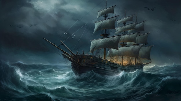 A ship in the storm with the sails down