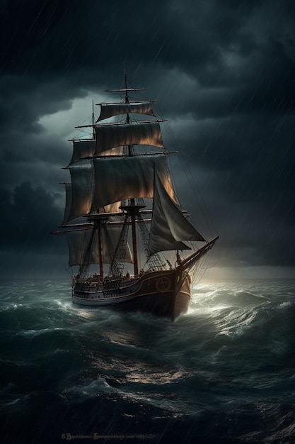 A ship in the storm with the sails down