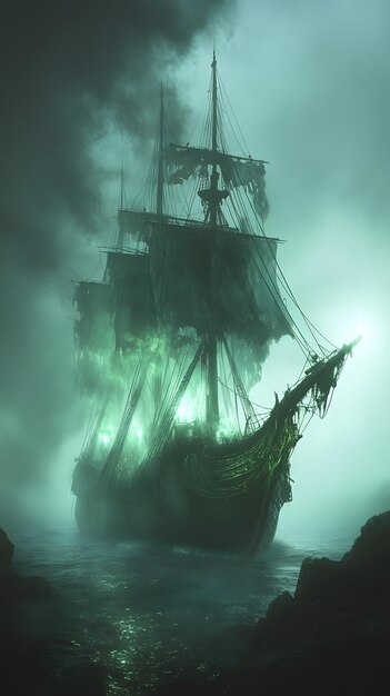 a ship that has a green light on it