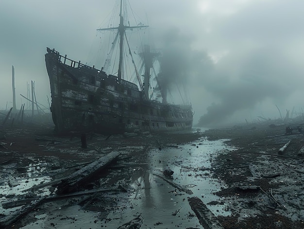 a ship that is on the beach in the fog