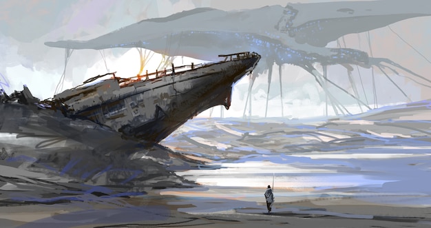 The ship that was stranded by the dry sea, the earth scene after the aliens invaded, digital illustration.