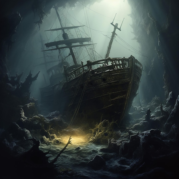 A ship trapped between rocks in a foggy environment