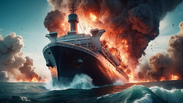 a ship was on the sea and there was a fire burning behind it