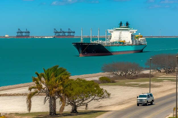 A ship in the water with a blue container in the background.