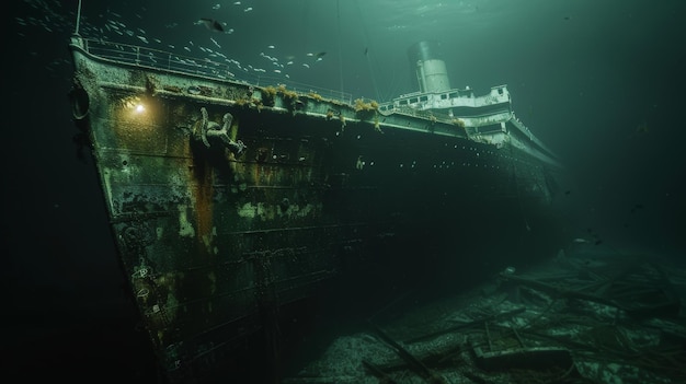 Photo a ship in the water with a green light on the bottom