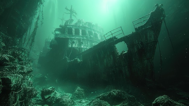 a ship in the water with a green light behind it