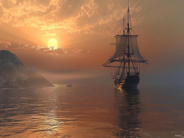 a ship in the water with the sun behind it