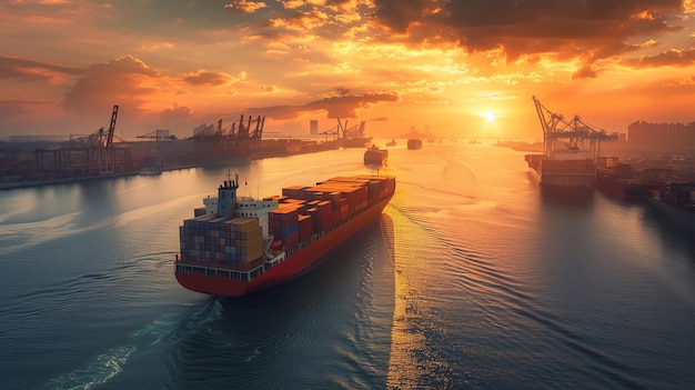 a ship in the water with a sunset in the background