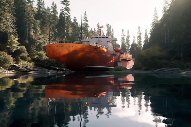 A ship in the water with trees in the background