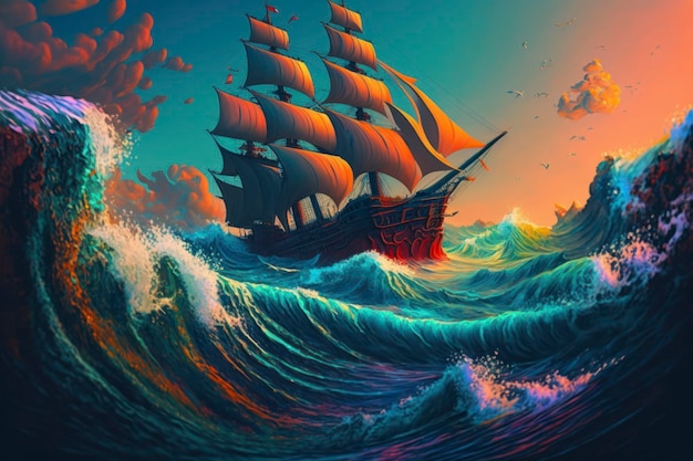 Ship in the waves in the style of vibrant fantasy landscapes