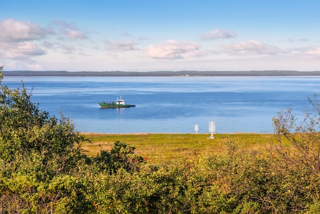 Ship in the White Sea off the coast of Anzer Island Solovetsky Islands