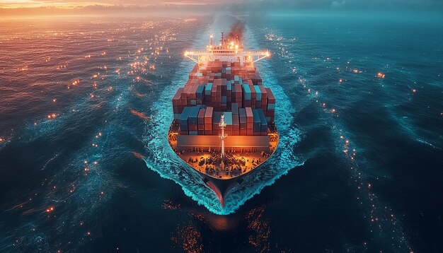 Photo a ship with a box on the front is floating on the ocean