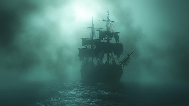 A ship with ghostly figures aboard sailing through thick mist casting haunting shadows in a whimsical 3D cartoon animation