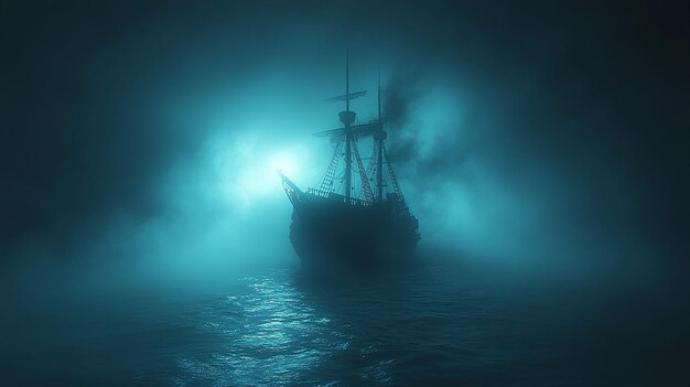 A ship with a glowing hull eerily drifting through the misty night sea surrounded by swirling fog animated in 3D cartoon style