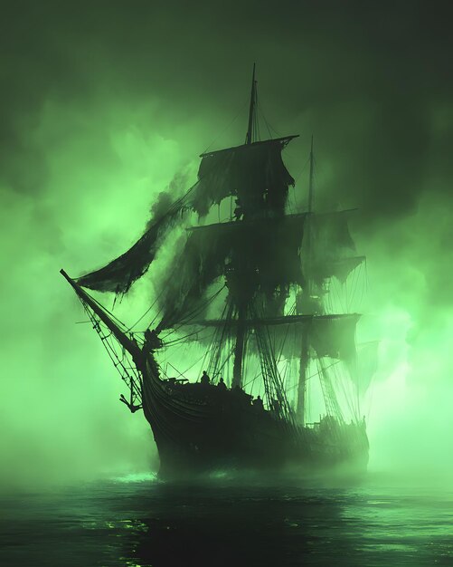 a ship with a green background and a black ship in the middle