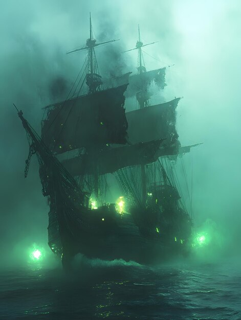 a ship with a green light on the top of it