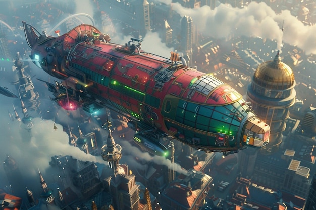 Photo a ship with a green and red body is flying over a city