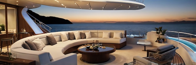 a ship with a large sofa and a coffee table on the deck