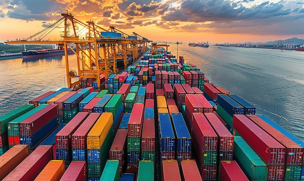 a ship with many containers on it is docked in front of a sunset