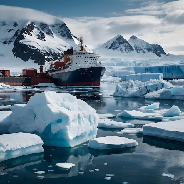 Photo a ship with a red container in the water and ice in the background