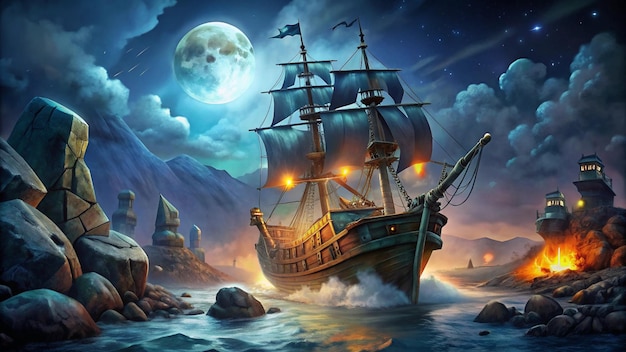 Photo a ship with a sail on the bottom and the moon in the background