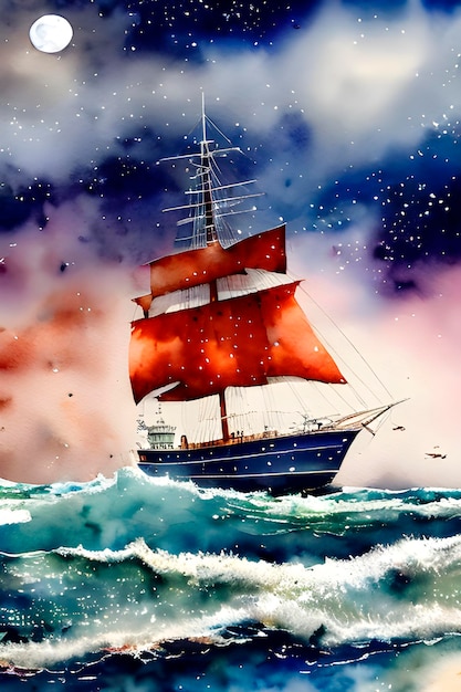 Ship with scarlet red sails at sea storm evening starry sky moon watercolor