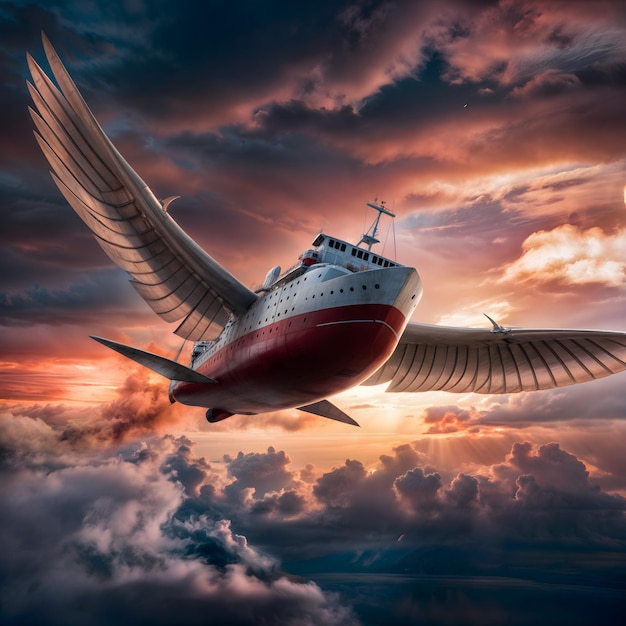 a ship with wings that is flying in the sky