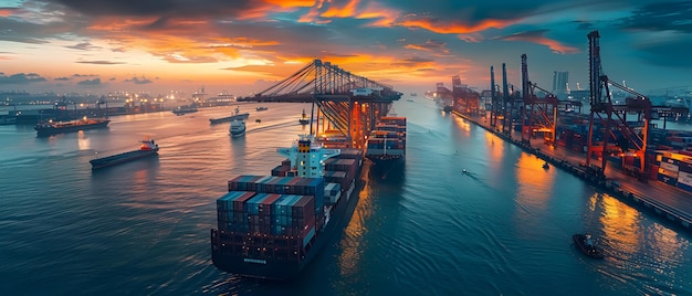 Shipping containers are stacked high on large ships at a busy port