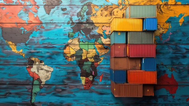 Shipping containers stacked with colorful world map mural in background