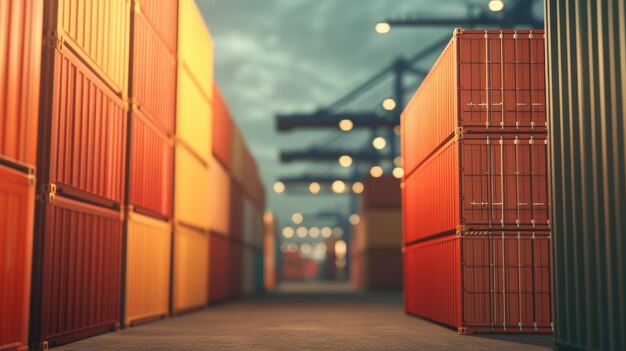 A Shipping Port Full of Colorful Containers Under a Cloudy Sky and Bright Ambient Lights