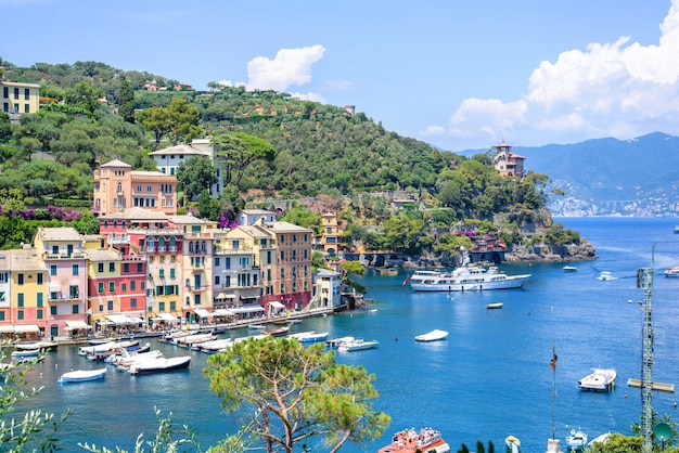 Ships on water and buildings in Portofino, Italy