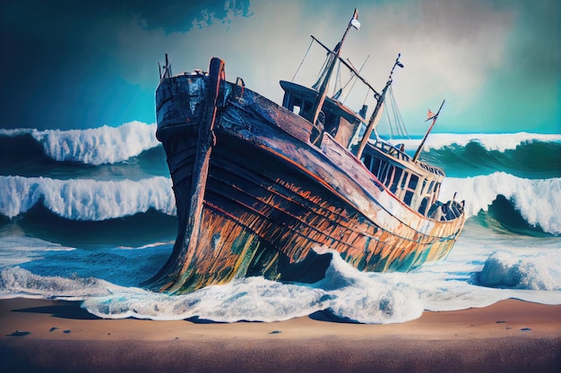 Shipwreck on the beach surrounded by rolling waves and surf created with generative ai