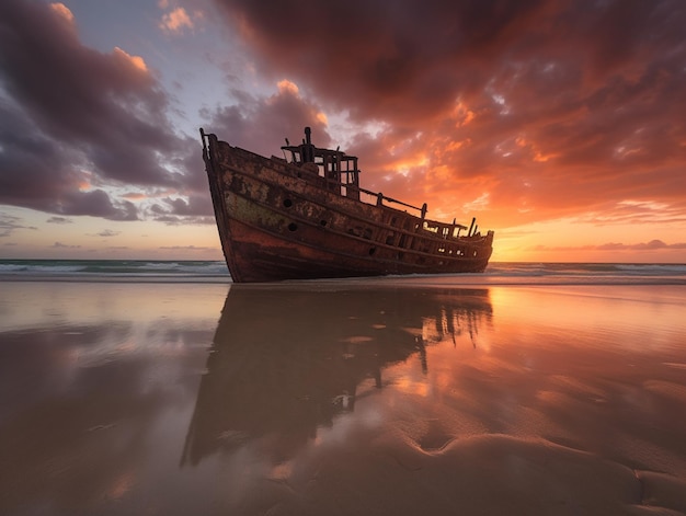 A shipwreck on a beach with the sun setting behind it