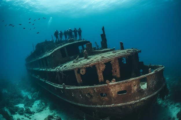 A shipwreck is on the bottom of the ocean.