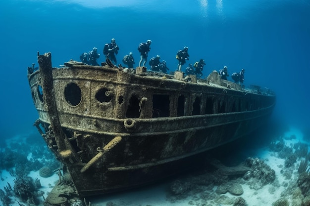 A shipwreck is surrounded by water and is surrounded by other divers.