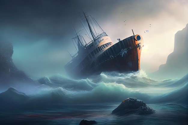 Shipwreck in the mist with rolling waves on the background created with generative ai