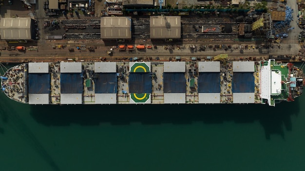 Shipyard area repair and maimtenance on the sea aerial top view