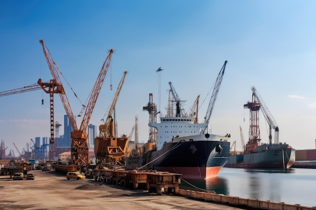 Shipyard with large crane and unfinished ship on the docks