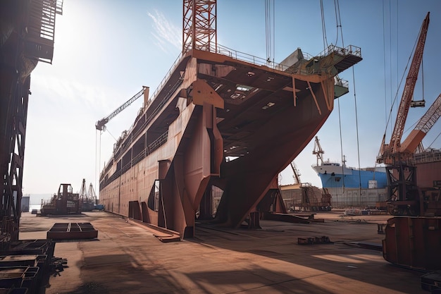 Shipyard with view of cranes lifting massive pieces of steel for new vessel