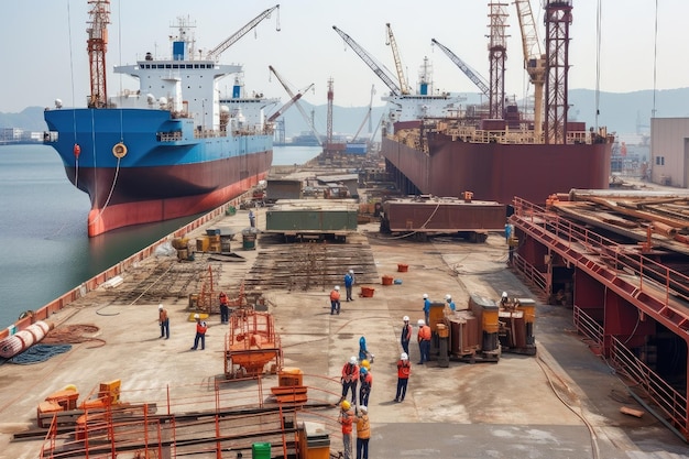 Shipyard with workers installing equipment and fitting out newly constructed ship